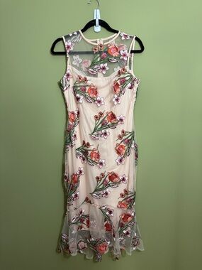 Calvin Klein Sheer Floral Embroidered Midi Dress - Cream, Pink, Green